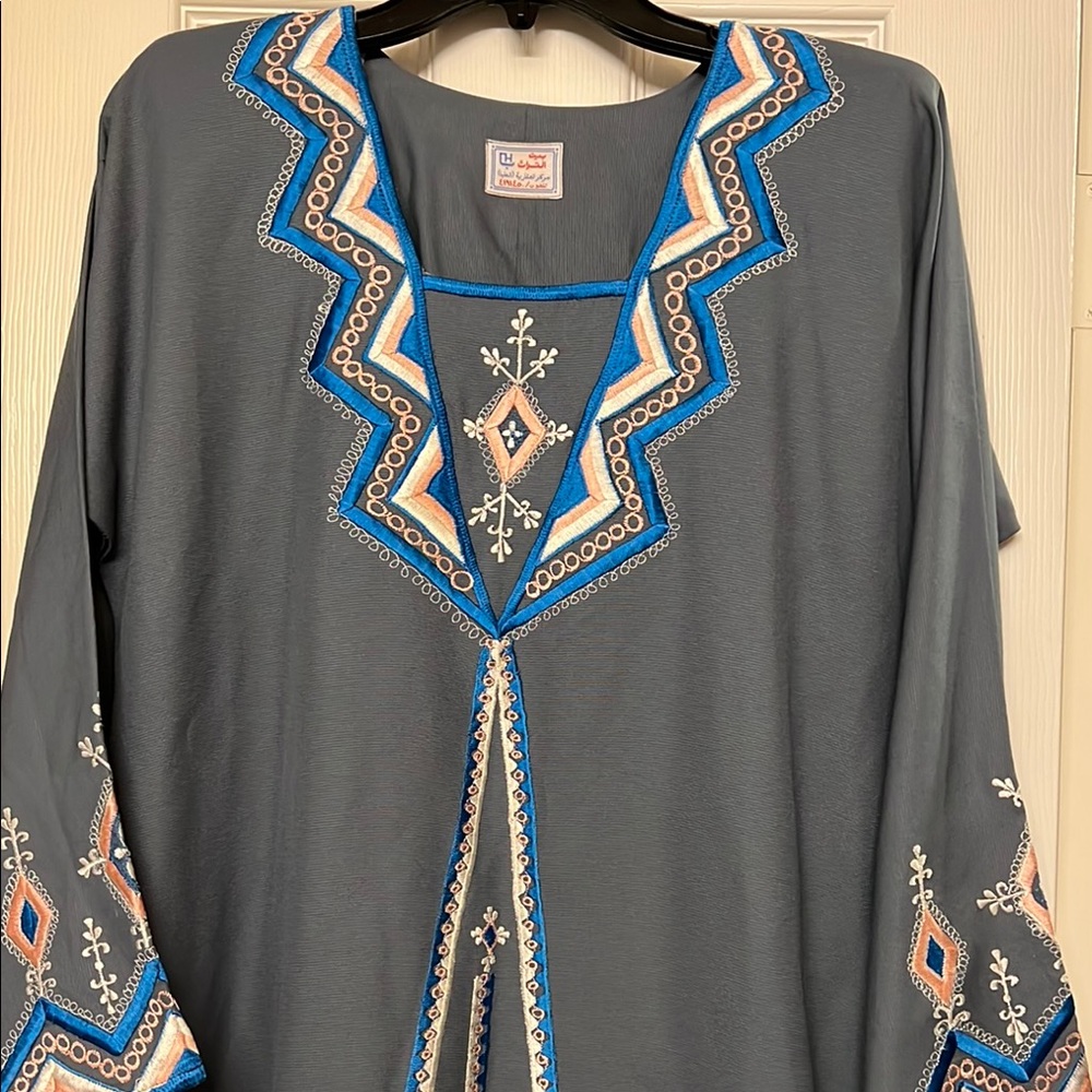 Elegant Gray Tunic with Blue Embroidery